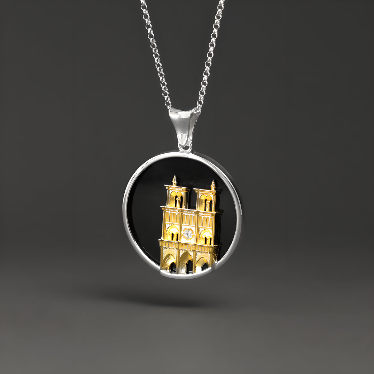 Reborn from Fire Sterling Silver Agate Inlay Notre Dame Cathedral Relief Pendant Niche Vintage Neutral Style