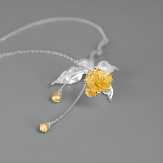 Vintage Chinese Style Begonia Flower Necklace S925 Sterling Silver Artistic Design