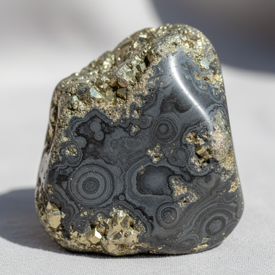 Pyrite On Shungite crystal close-up