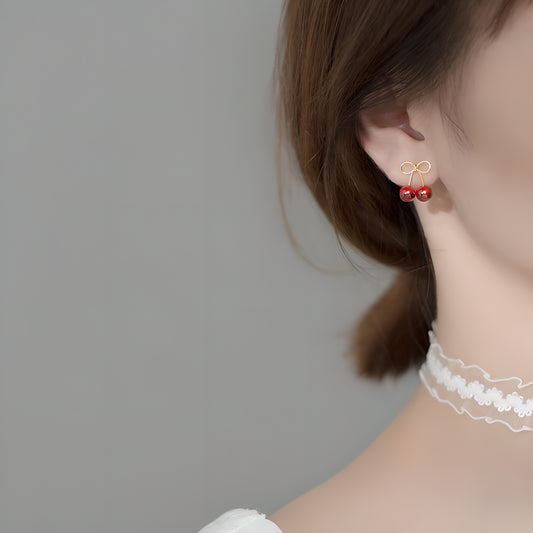 Red Cherry Stud Earrings S925 Silver with Synthetic Red Zircon