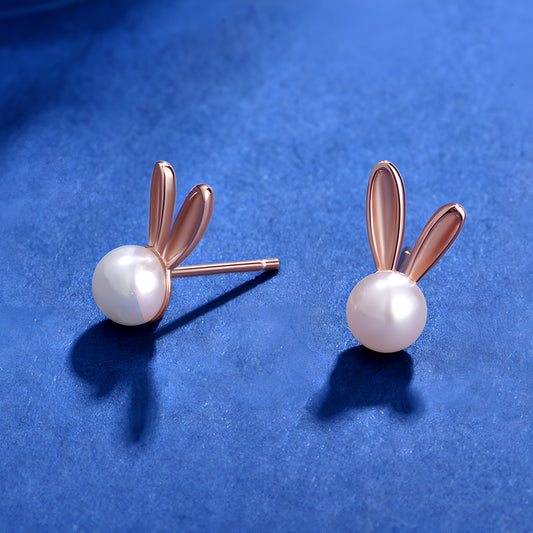 S925 Sterling Silver Cute Rabbit Pearl Stud Earrings