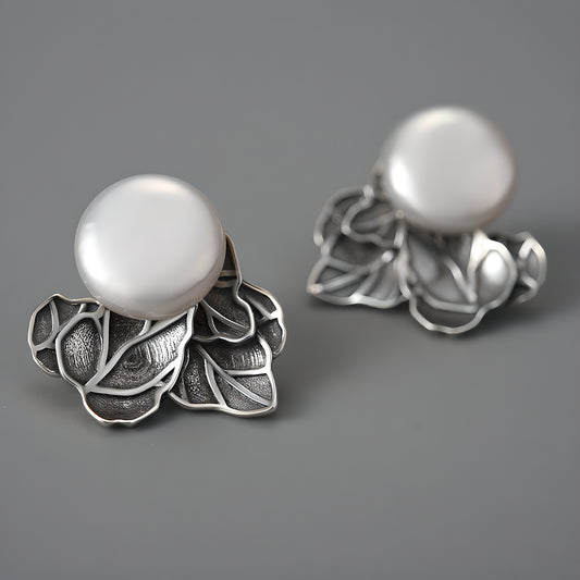 Palace Style Retro Baroque Pearl Multi-Leaf Earrings S925 Sterling Silver