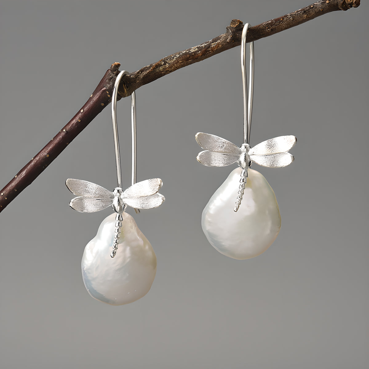 S925 Sterling Silver Detachable Dragonfly Baroque Earrings