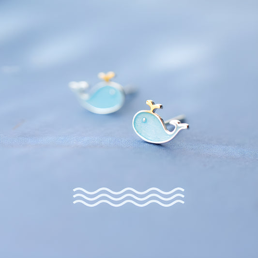 S925 Silver Cute Little Whale Stud Earrings Blue Ocean Fish Design