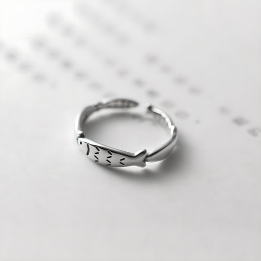 S925 Silver Little Fish Adjustable Open Ring Korean Style