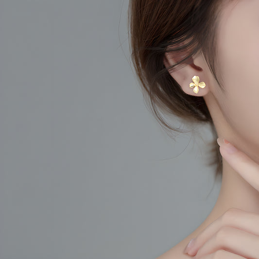S925 Silver Matte Gold Four-Petal Flower Stud Earrings