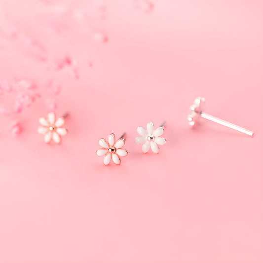 S925 Silver White Flower Stud Earrings Korean Fresh Sweet