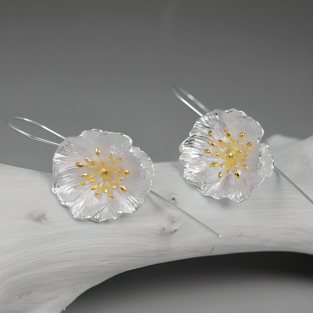 S925 Sterling Silver Poppy Flower Artistic Drop Earrings