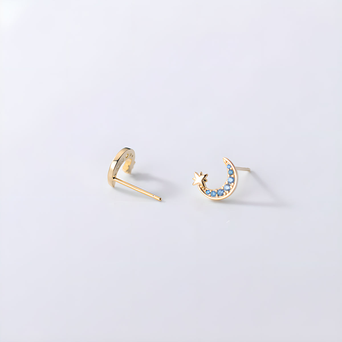 Sterling Silver Blue Zirconia Moon & Star Stud Earrings