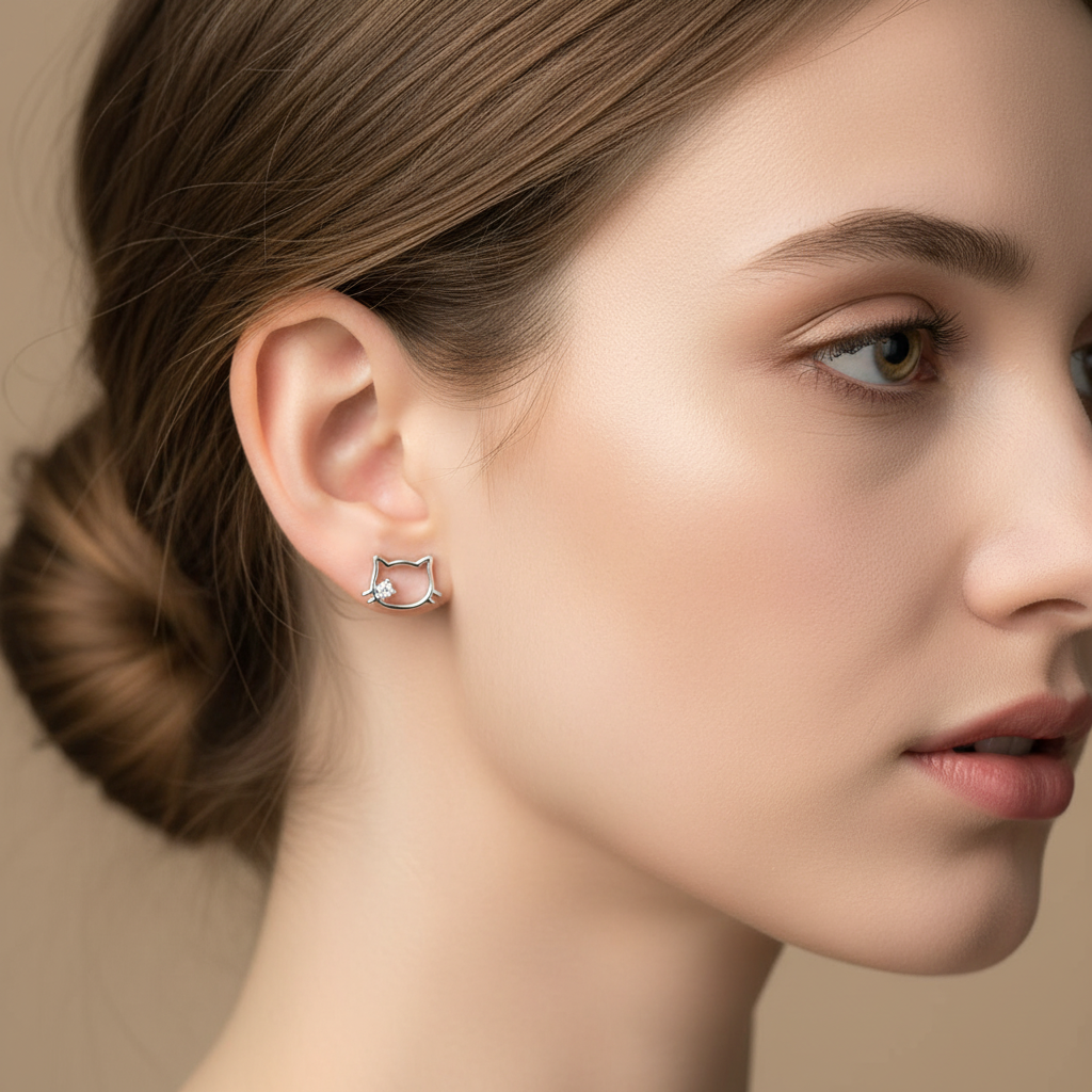Sterling Silver Hollow Cat Stud Earrings with Zircon