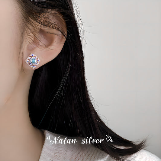 Turquoise Lace Square Stud Earrings in Sterling Silver