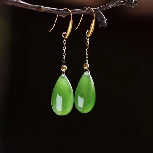 Vibrant Green Hetian Jade Teardrop Dangle Earrings