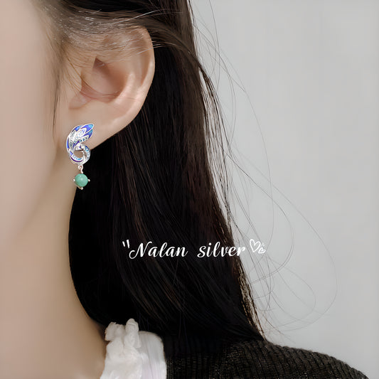 Vintage Enamel Peacock Turquoise Stud Earrings in Sterling Silver