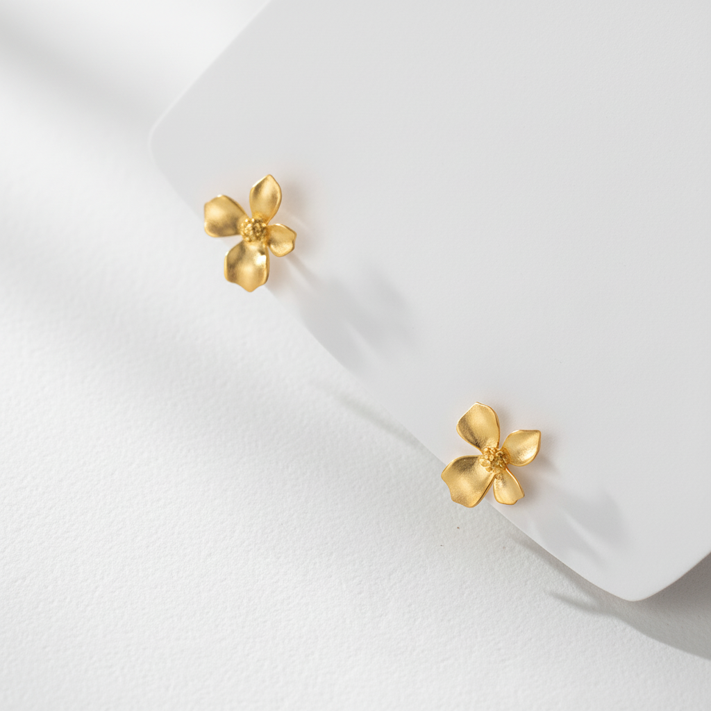 S925 Sterling Silver Vintage Matte Gold Four-Petal Flower Stud Earrings