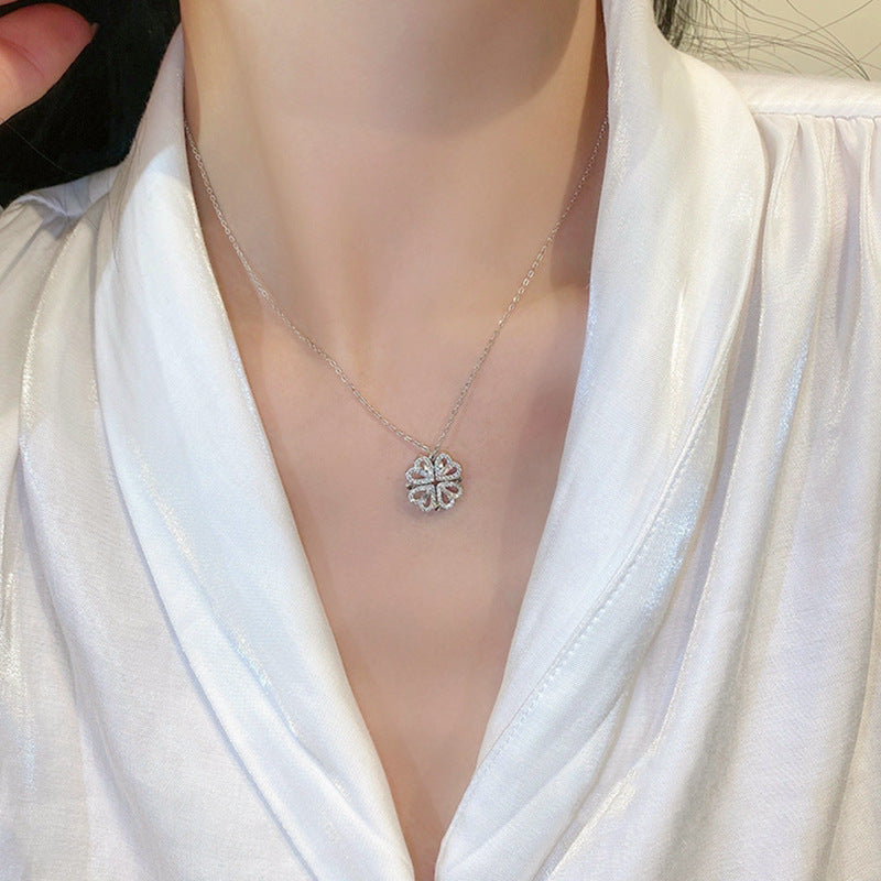 Lovely Heart Foldable Necklace, Anti-Anxiety Clover Pendant