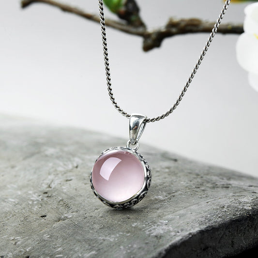 Engraving Natural Rose Quartz Necklace