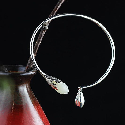 Vintage Jade Flower Silver Bangle