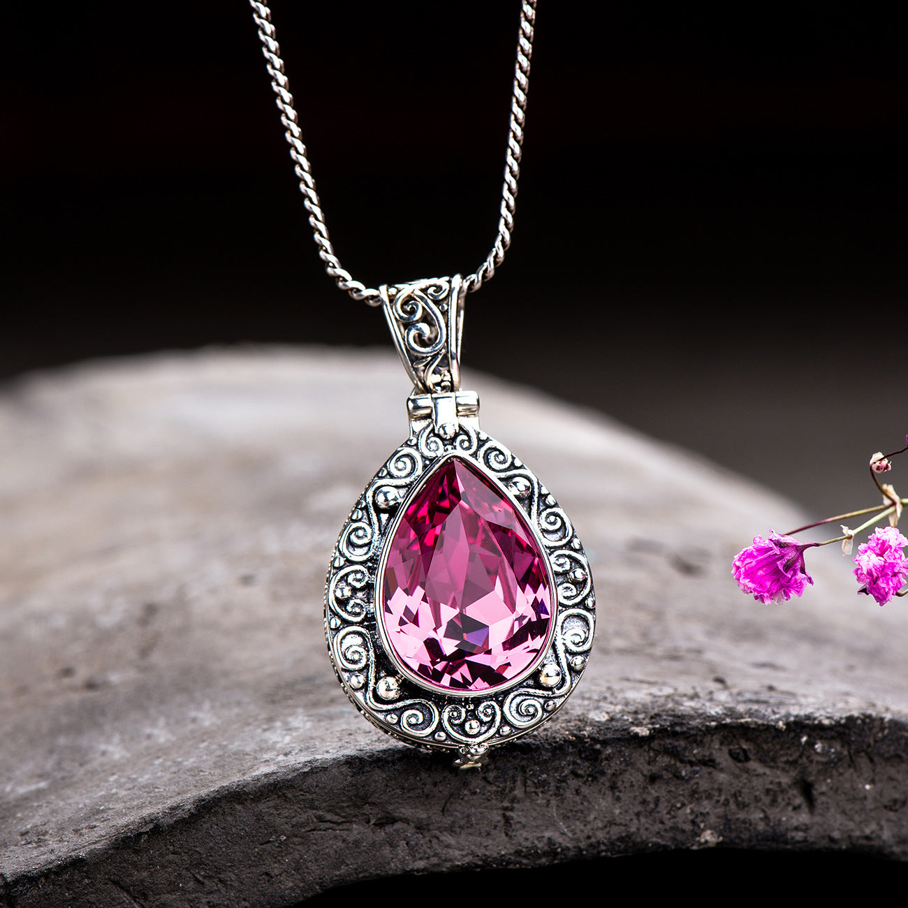Pink Crystal Engraved Necklace