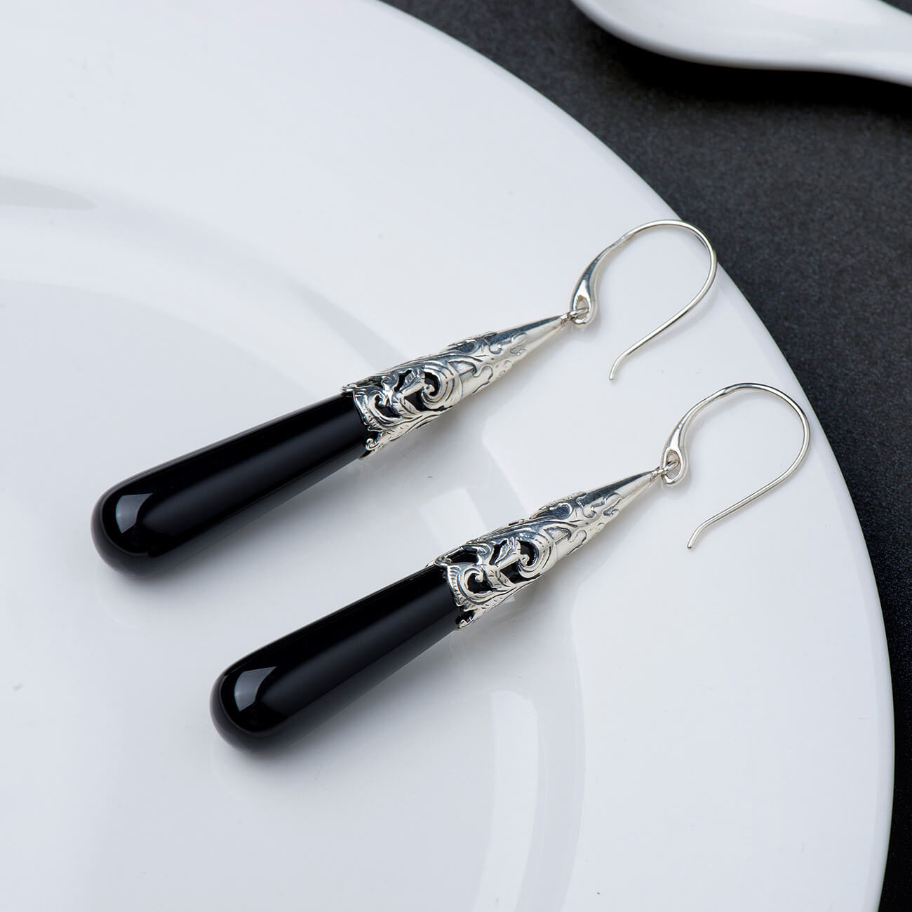 Original Black Agate Long Drop Earrings