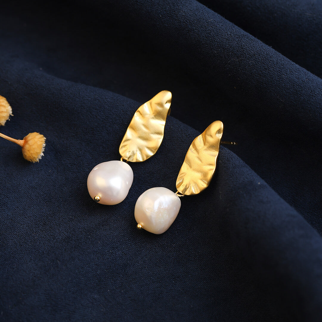 Baroque Leave Shaped Silver Stud Earrings