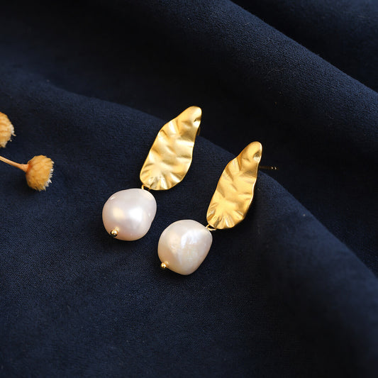 Baroque Leave Shaped Silver Stud Earrings