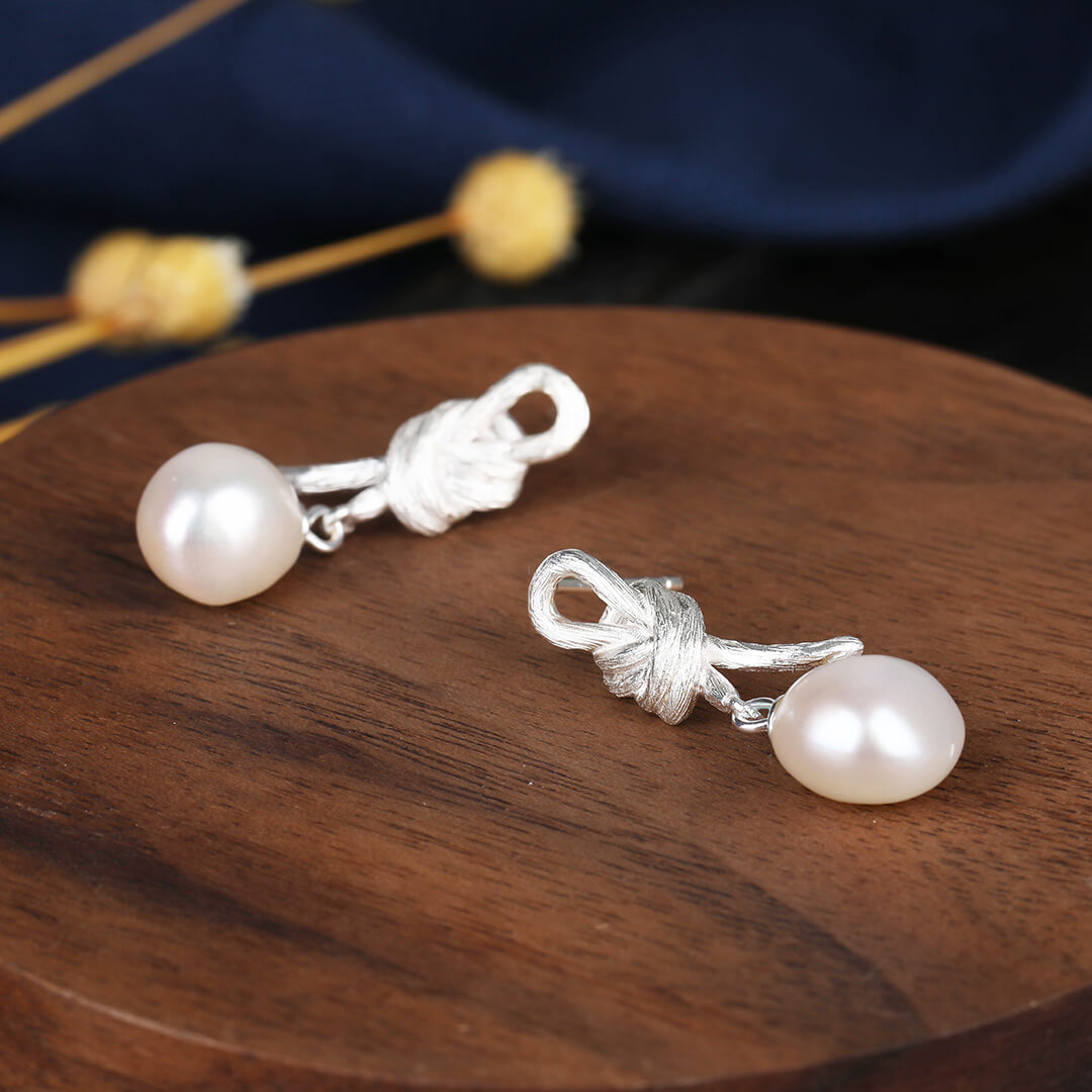 Freshwater Pearl Bowknot Silver Stud Earrings