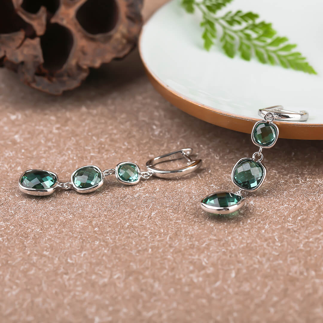Green Crystal Long Earrings, Silver Tassel Dangle Earrings - LUXYIN