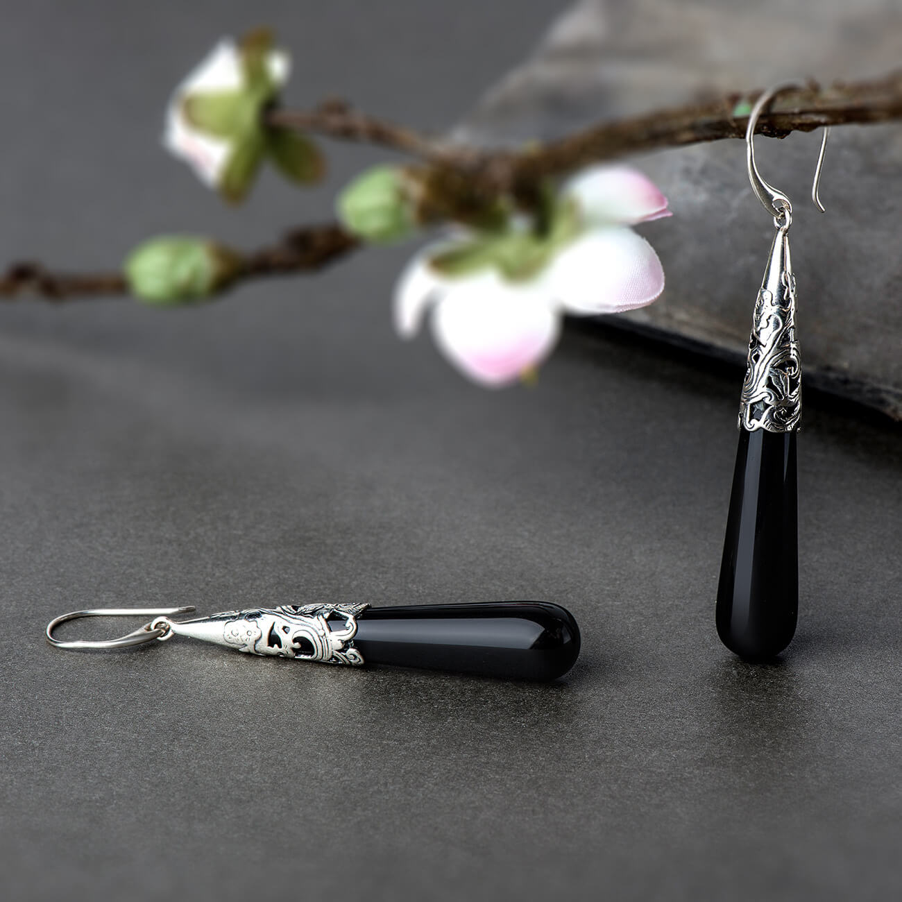 Original Black Agate Long Drop Earrings
