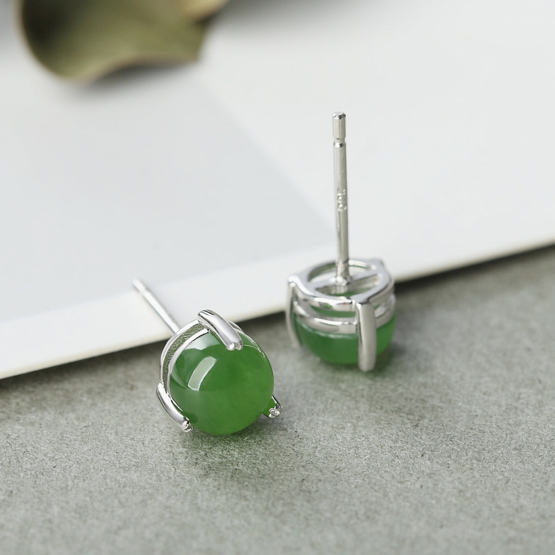 Natural Green Jade Silver Stud Earrings