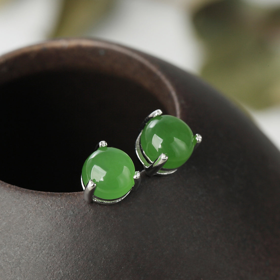 Natural Green Jade Silver Stud Earrings