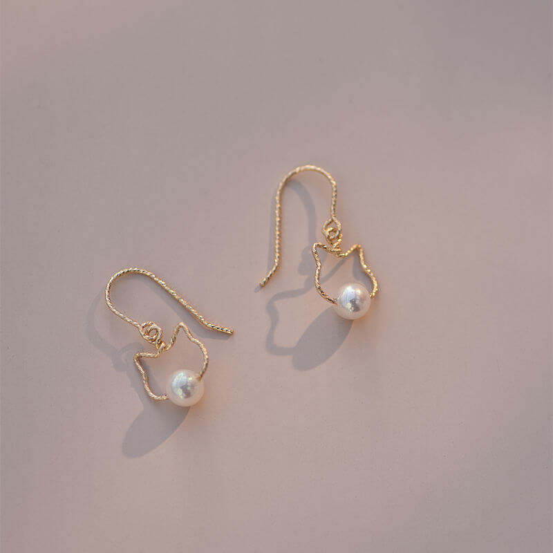 Lovely Gold Cat Pearl Drop Earrings, Pearl Dangle Earrings - LUXYIN