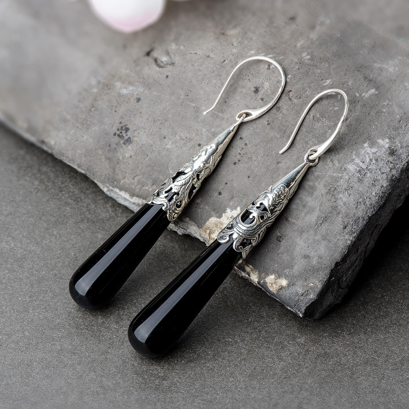 Original Black Agate Long Drop Earrings