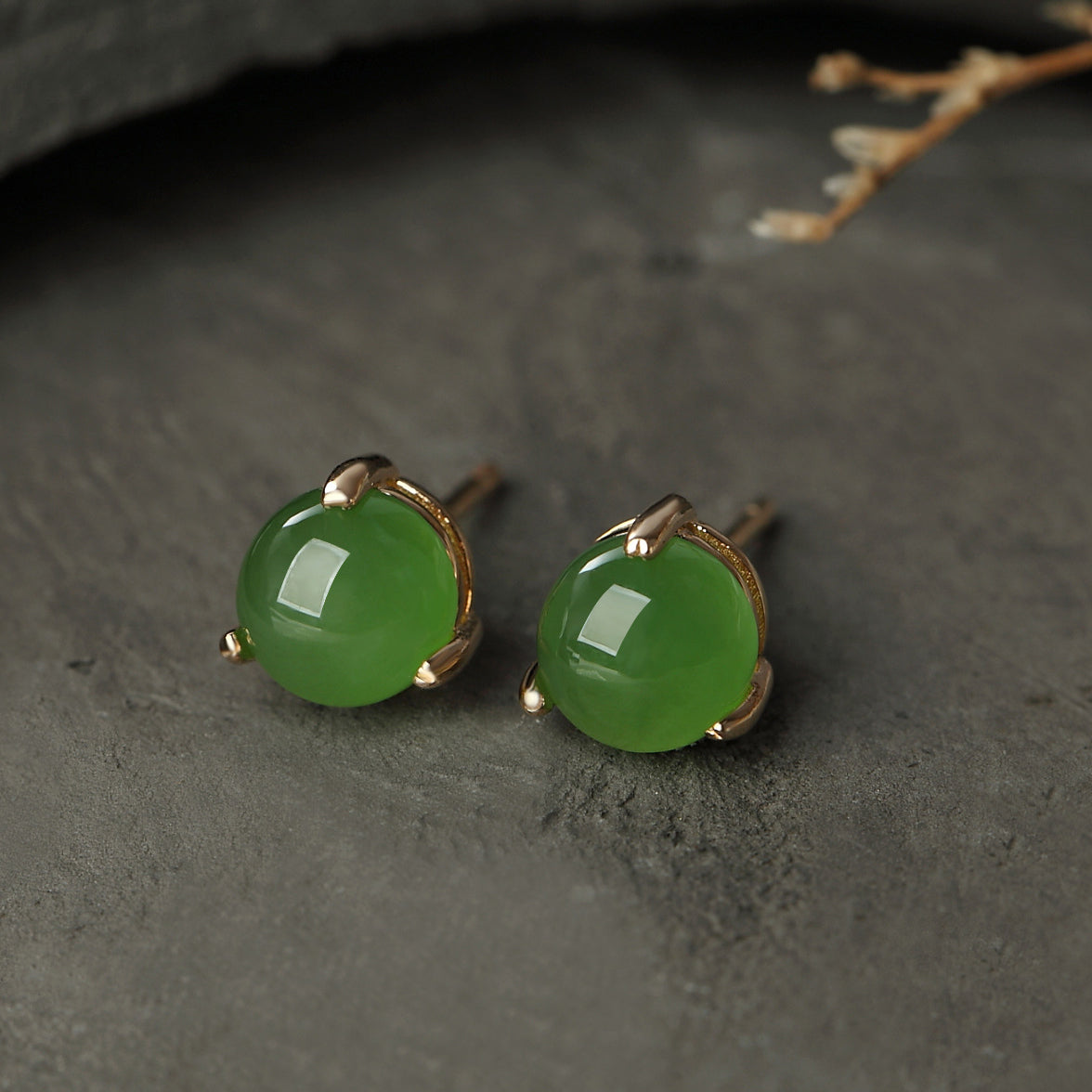 Natural Green Jade Silver Stud Earrings