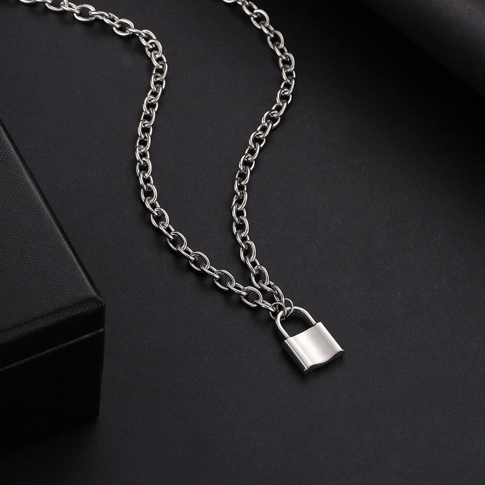 Punk Long Chain Padlock Necklace, Lucky Lock Pendant - LUXYIN