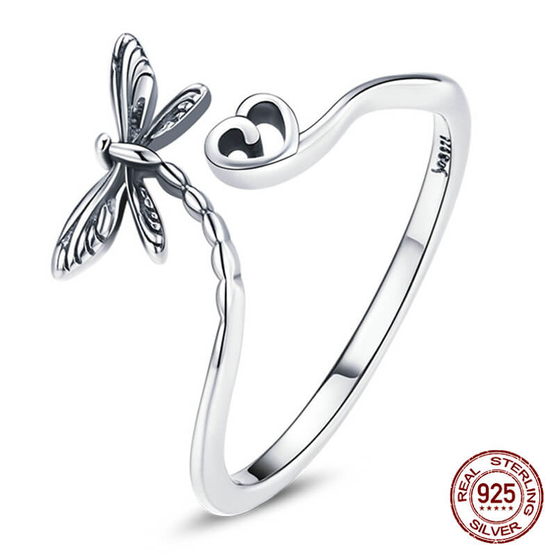 Vintage Dragonfly Heart Silver Open Ring