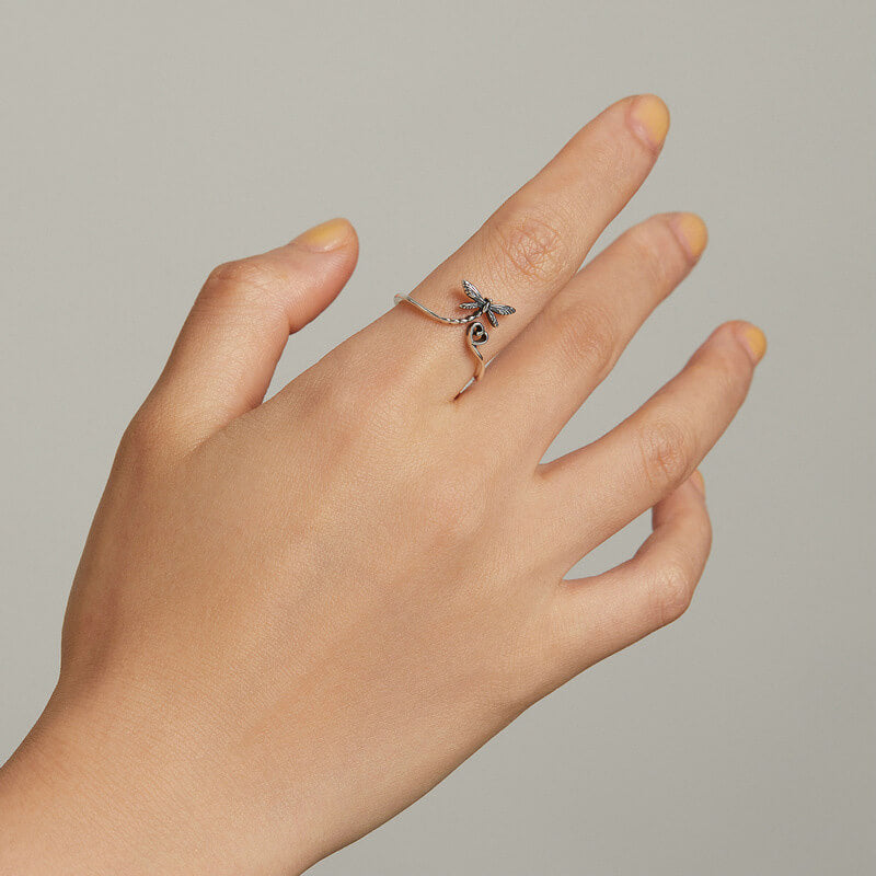 Vintage Dragonfly Heart Silver Open Ring
