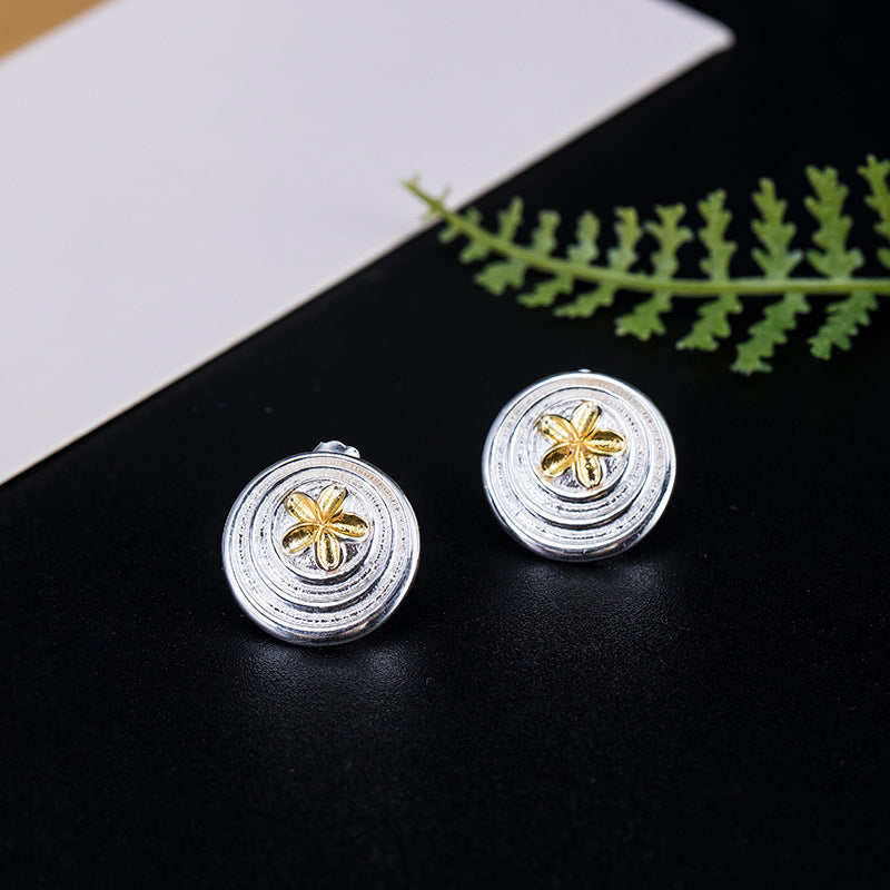 Gold Flower Round Silver Earrings