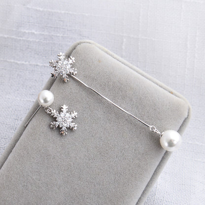 Luxyin 925 Silver Asymmetrical Pearl Snowflake Dangle Earrings
