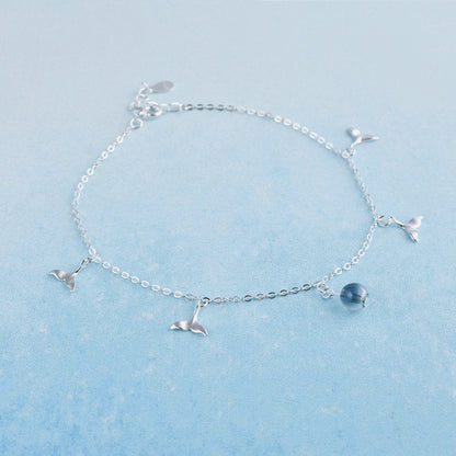 Luxyin S925 Sterling Silver Mermaid Tail Anklet with Iridescent Glass Beads