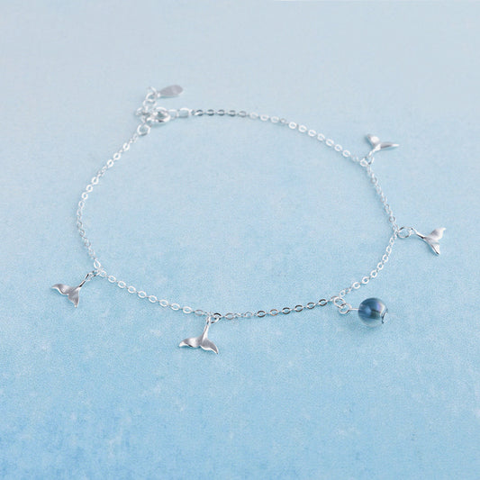 Luxyin S925 Sterling Silver Mermaid Tail Anklet with Iridescent Glass Beads