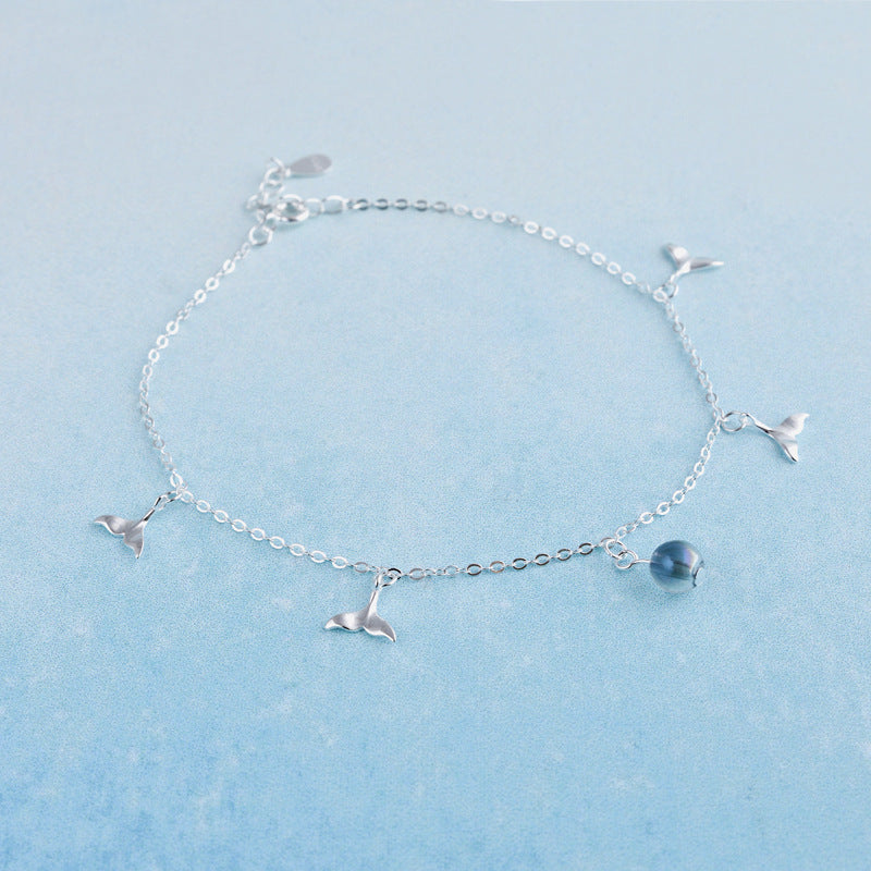 Luxyin S925 Sterling Silver Mermaid Tail Anklet with Iridescent Glass Beads