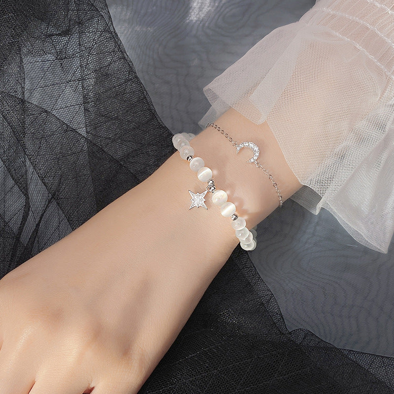 S925 Silver Moonstone Star Moon Stretch Bracelet