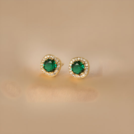 Geometric Emerald Square Stud Earrings Gold Plated