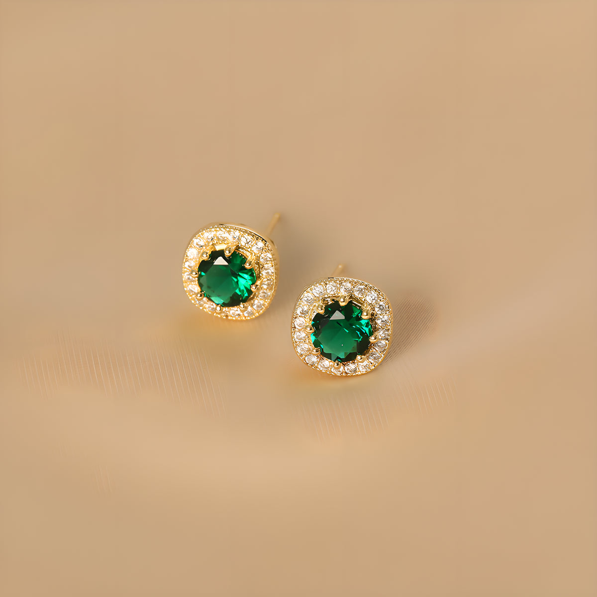 Geometric Emerald Square Stud Earrings Gold Plated
