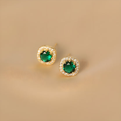 Geometric Emerald Square Stud Earrings Gold Plated