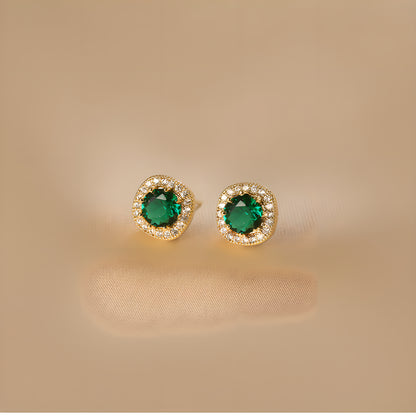 Geometric Emerald Square Stud Earrings Gold Plated