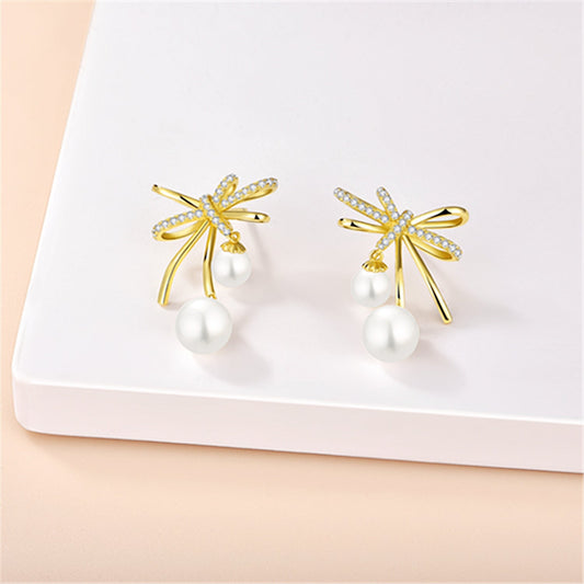 S925 Sterling Silver Butterfly Bow Pearl Earrings