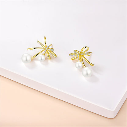 S925 Sterling Silver Butterfly Bow Pearl Earrings
