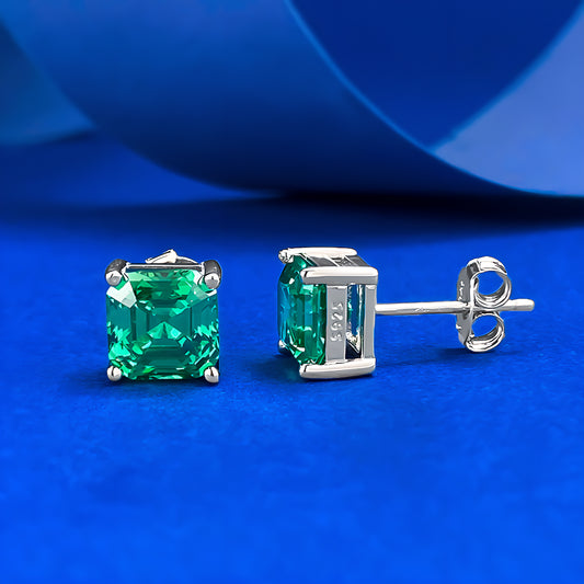 Emerald Geometric Cubic Zirconia Stud Earrings 925 Silver