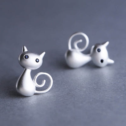 Luxyin Sterling Silver Cute Cat Stud Earrings